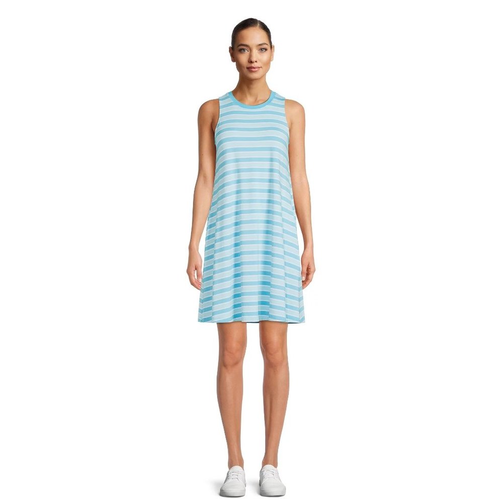 Time and Tru Women Striped Mini Dress Round Neck W/Pockets Aqua Spring Sz Small
